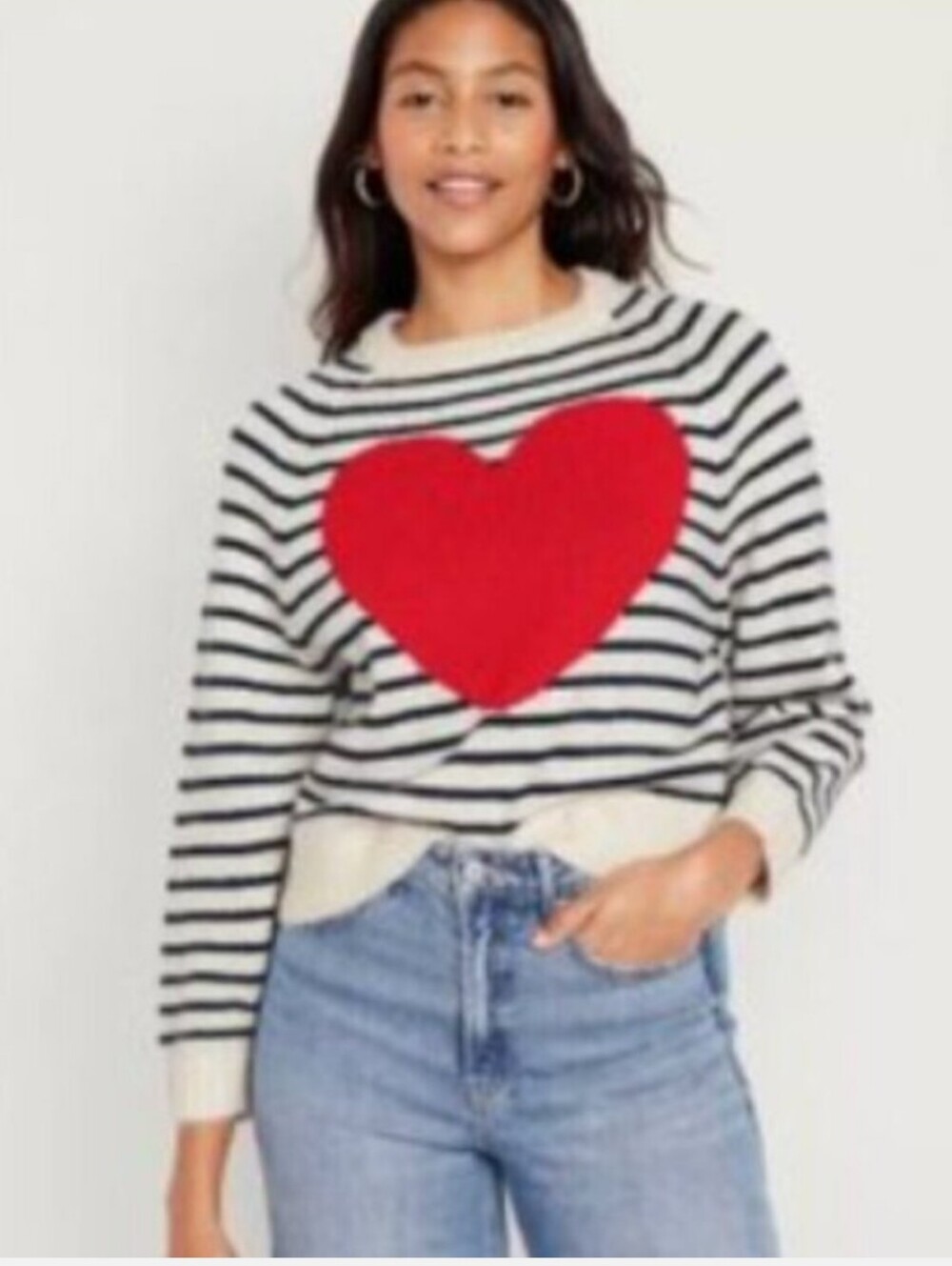 Old Navy Cream and Black Striped Sweater with Red Heart